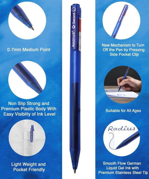 Radius O-Second Retractable Blue Gel Pens - 12 Pack, 0.7mm Medium Fine Point W/German Liquid Gel Ink & Stainless Steel Tip for Smooth Writing, Jou...
