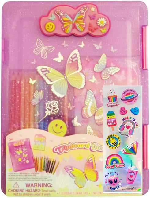 Kids Clipboard Storage Case – Cute Butterfly Design Pink Clip Board – Girls Set with 12 Erasable Colored Pencils, Pad and Stickers – Fits 8.5x11 S...