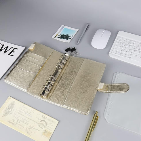 A6 Budget Binder Gold PU Leather Binders Cover Refillable 6 Rings Loose Leaf Notebook Cover with Magnetic Buckle Closure for Planner Traveller Jou...