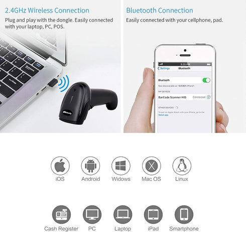 Bluetooth Barcode Scanner with Stand,Alacrity 1D Hands-Free Automatic Scanning 3-in-1 Connections Bluetooth&USB Wired&2.4GHz Wireless Barcode Read...