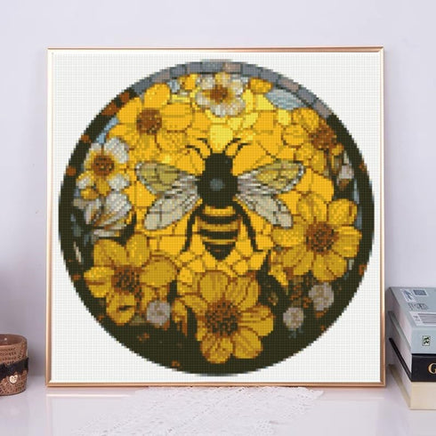 DIY Stamped Cross Stitch Kits Stained Glass Yellow Bee Flowers for Beginners Easy 11CT Needlepoint Embroidery Counted Cross Stitch Kits Art Craft ...