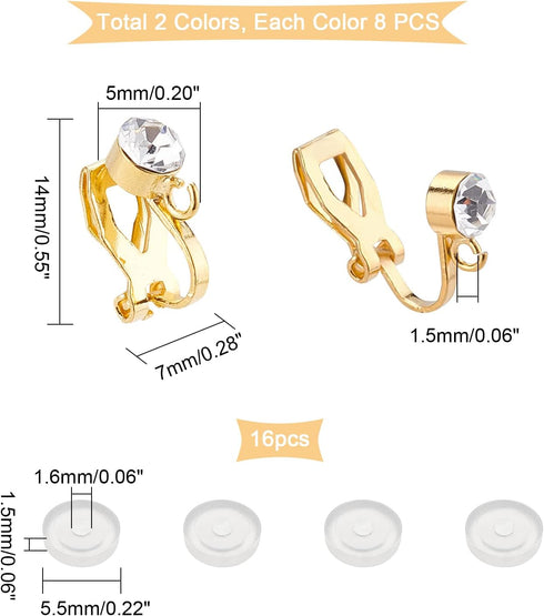PH PandaHall 8 Pairs Clip-on Earring Converter Gold Silver Earring Findings Brass Earring Clips with Crystal Rhinestone Earring Silicone Earring P...