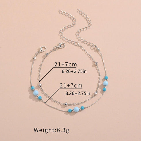 Bohemian Layered Blue Bead Anklet for Women Round Bead Ankle Bracelets Vintage Station Ball Anklets Silver Ball Anklets Chain Bracelet Summer Beac...