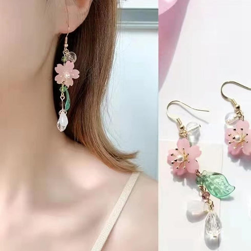 Pink Flower Dangle Earrings for Women Cute Cherry Blossoms Earrings Pearl Leaf Sakura Floral Drop Earrings Fairy Earrings Floral Tassel Earrings S...