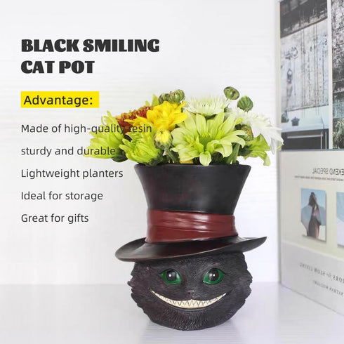 Black Cat Head with Hat Flowerpot Small Cute Animal Air Plants Pot Resin Succulent Pots Ornaments with Drainage Hole Lovely Desktop Greenery Decor...