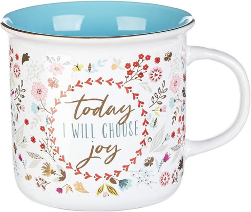 Today I Will Choose Joy Positive Message Encouraging Cute Mug for Women Floral Design Blue/White Ceramic Cup for Coffee/Tea, Metallic Gold Accent,...