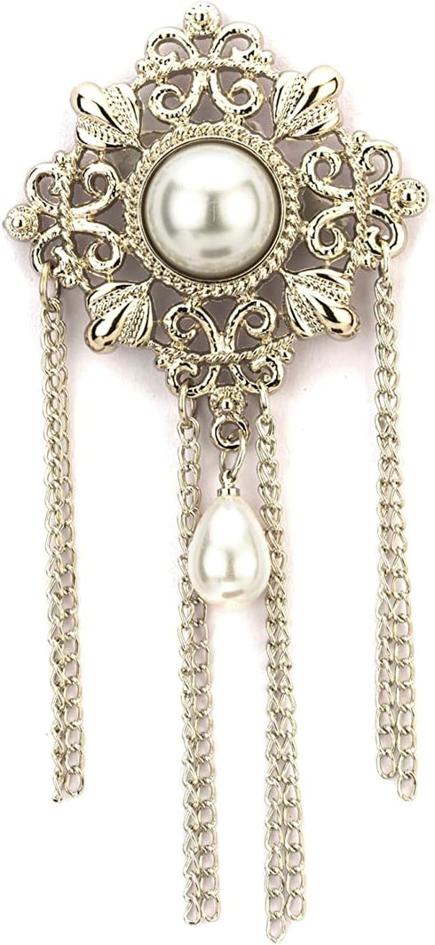 Knighthood Formal Silver Abstract Brooch With Pearl Engraving Hanging Tassel Chain Collar Pin Brooch, Suit Stud, Shirt Studs, Lapel Pin Accessorie...
