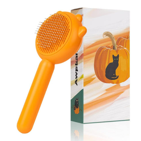 Pumpkin Cat Brush with Release Button, Awpland Pumpkin Shape Dog Self Cleaning Hair Brush, Deep Cleaning Dog Grooming Supplies for Long or Short H...
