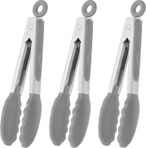 Small Serving Tongs with Silicone Tips 7 Inch Mini Stainless Steel Food Tongs, Set of 3 (Gray)...