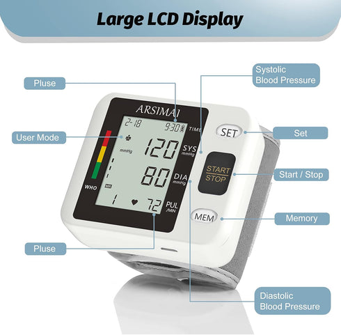 Wrist Accurate Automatic High Blood Pressure Monitors Portable LCD Screen Irregular Heartbeat Monitor with Storage Case and Adjustable Cuff Powere...