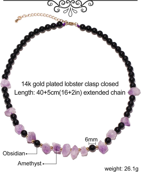 Spiritual Obsidian/Raw Amethyst Choker Necklaces for Women Adjustable Handmade Crystals and Stones Beaded Necklace...