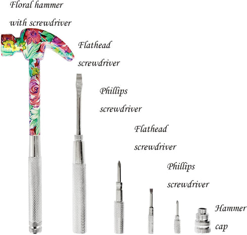 Floral Hammer & Screwdriver 6 in 1 Small Hammer Screwdriver Tool, Multitool Hammer, Hand Tools Hammer Set with Screwdriver Hammers, Mini Hammers, ...