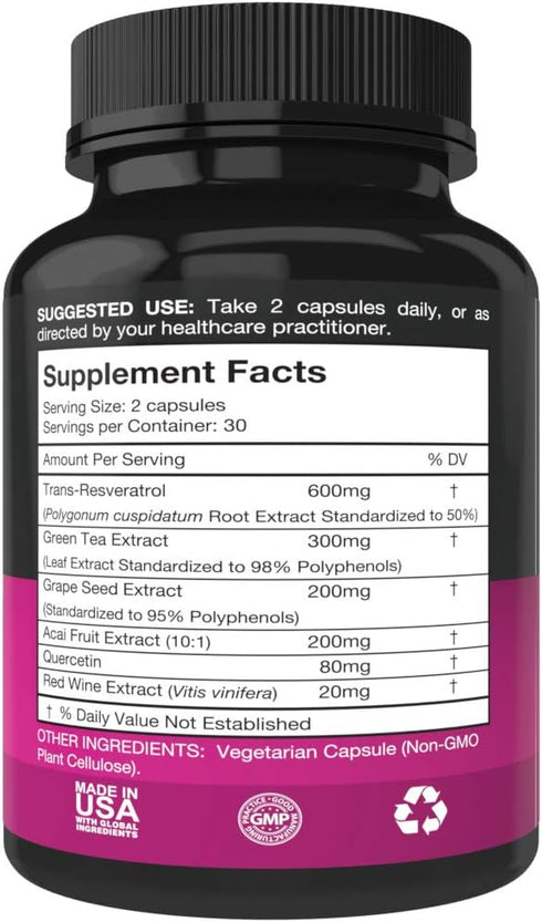 Resveratrol Supplement - Potent 1400mg Formula with Trans Resveratrol, Quercetin, Grape Seed, Green Tea, Acai and Red Wine Extract - 60 Veggie Cap...