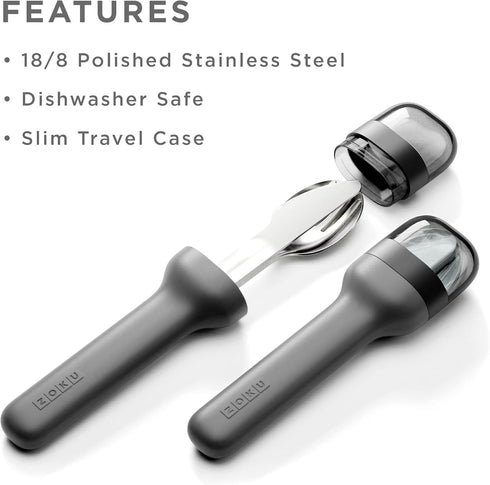 ZOKU Pocket Utensil Set, Charcoal - Stainless Steel Fork, Knife, and Spoon Nest in Hygienic Case - Portable Design for Travel, School, Work, Picni...
