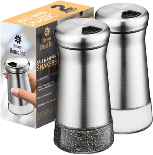 The Original Salt and Pepper Shakers set - Silver- Spice Dispenser with Adjustable Pour Holes - Stainless Steel & Glass Set of 2 Bottles...