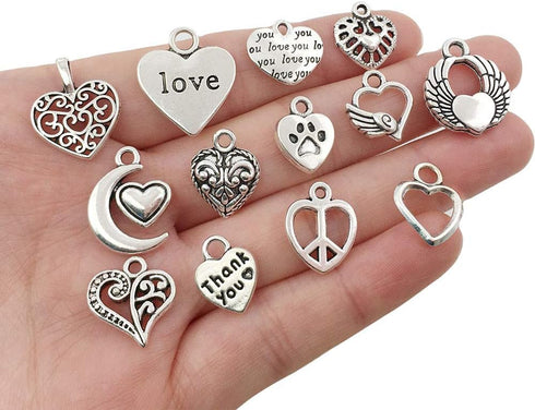 WOCRAFT 100 pcs Mix Antique Silver Heart Beads Charms for Jewelry Making Valentine's Day Wedding Heart Charms (M602-Charms)...