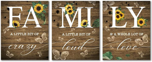 Family Sunflower Butterfly Wall Decor, Inspirational Family a Little Bit of Crazy Loud Love Rustic Wood Sign Wall Art for Living Room Set of 3(8"X...