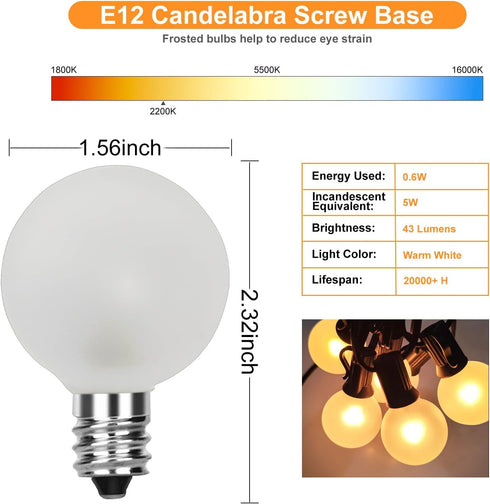 25 Pack G40 Frosted Replacement Bulbs, 5W Globe Light Bulbs Fits E12 Candelabra Base, Glass Incandescent Bulbs for Outdoor Patio String Lights, 22...