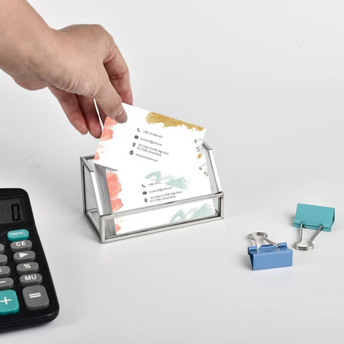 Feyarl Glass Business Card Holder Stand Gold Office Name Card Display Business Card Organizer Storage for Office Desktop Countertop (Silver)...