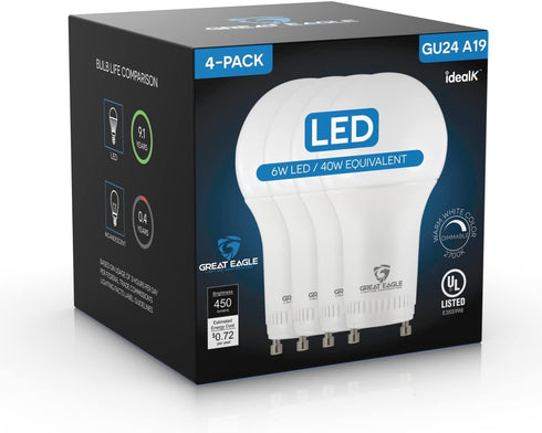 Great Eagle Lighting Corporation 40W GU24 LED Light Bulb, Dimmable, 2700K Warm White, UL, Twist-in 2 Prong (4-Pack)...
