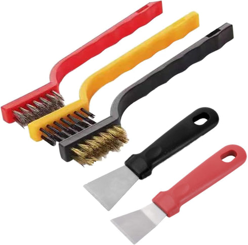 5Pcs Kitchen Stove Cleaning Brush + Scraper Tool Set, Heavy Duty Scraper for Gas Burners Cooktop Pot Pan Brass, Stainless Steel and Nylon Brush He...