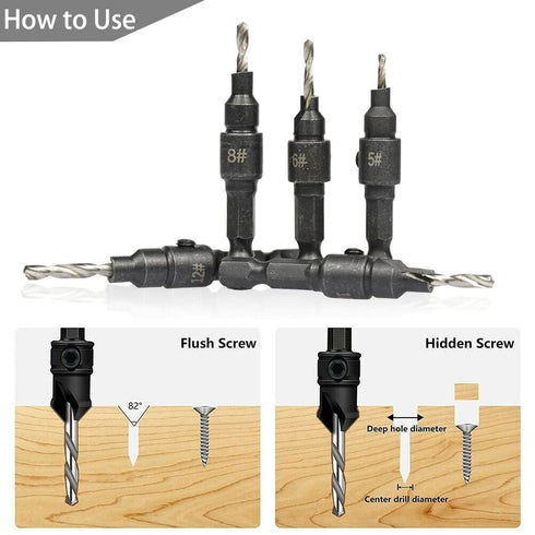 5pcs Wood Countersink Drill Bit Set Hex Shank Quick Change Counter Sinker Pre Hole Drill Bit Set Screw Counterbore Bit Pilot Bit Set #5, #6, #8, #...