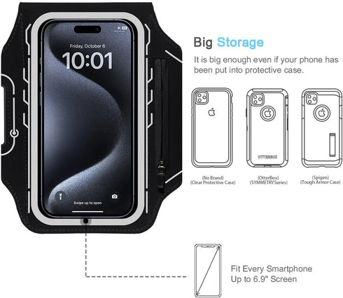 iPhone 16 15 Pro Max & Plus Armband, JEMACHE Gym Workouts Running Phone Arm Band for iPhone 16 15 14 13 12 11 Pro Max/Plus with Airpods Holder (Bl...
