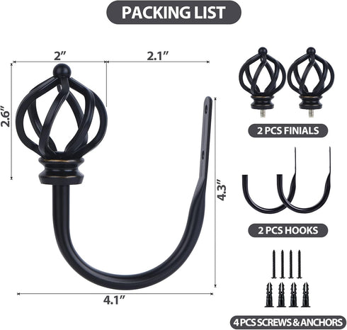 KAMANINA Decorative Curtain Drapery Holdbacks Twisted Cage Finials, Black(1 Pair/2 Pack), Small...