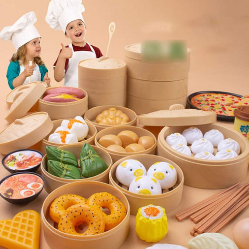 2 Sets Kids Pretend Play Toy Kitchen Cooking Toy Steamed Toy Food Chinese Breakfast Food Play Set Dollhouse Furniture (26Pcs)...