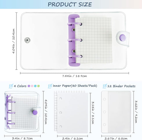 4 Pack Mini Transparent 3 Ring Binder Covers with Mini Binder Inner Paper and Pockets Clear Soft PVC Notebook Closure Loose Leaf Folder Round Ring...