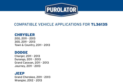 Purolator TL36135 PurolatorTECH Cartridge Oil Filter Compatible With Jeep Wrangler, Grand Cherokee, Dodge Grand Caravan, Journey, Charger, Chrysle...
