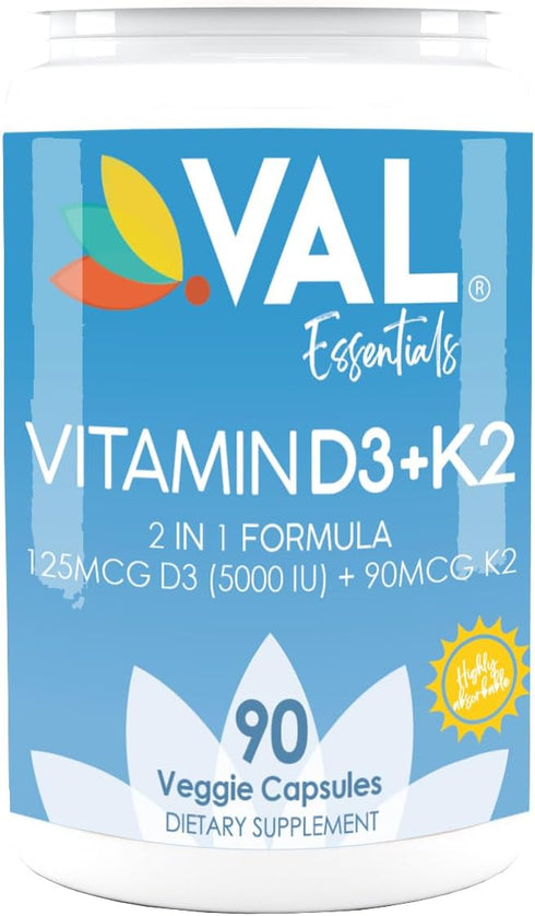 VAL Essentials Vitamin K2 + D3 Supplement - High Potency 5000 IU D3 & 90 mcg K2 MK-7, Non-GMO, Easy to Swallow Vitamin D & K Complex, 90 Vegetaria...
