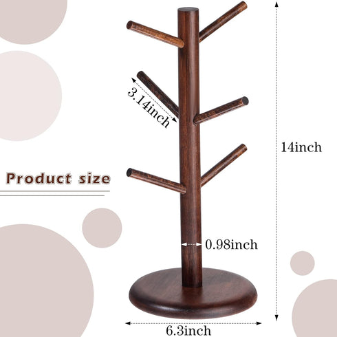 Patelai Coffee Mug Tree with 6 Hooks Wood Mug Holder Tree Mug Stand Hanger Kitchen Coffee Mug Tree Countertop Tea Cups Holder Stand 14 Inch Remova...