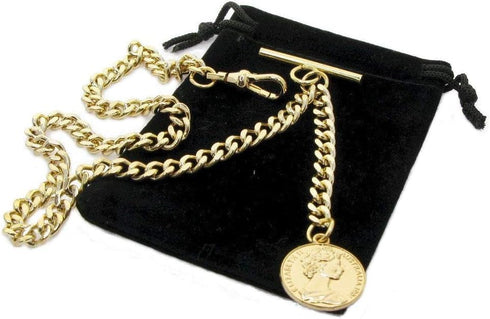 Albert Chain Gold Tone Pocket Watch Chain Vest Chain for Men Fob T Bar with Swivel Clasp with Queen Design Medal Fob Charm AC79A...