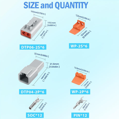 48 PCS Deutsch DTP Connector Kit 2 Pin Automotive Waterproof Connectors 6 sets with Size 12 Stamped Contacts Gauge 14-12 AWG Wire Size,25A...