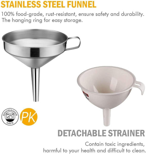 Kitchen Funnel, 3 Piece Stainless Steel Funnels Set with Handle Design and Removable Strainer, Great for Transferring of Liquid, Fluid, Dry Ingred...