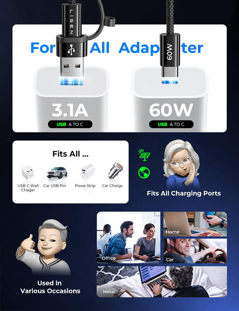 LISEN for iPad Charger Cable, ?Dual Use? 2 Pack/6.6ft 60W USB C to USB C Cable, Fast Charging USB A to USB C Cable Compatible with iPhone 15 Pro M...