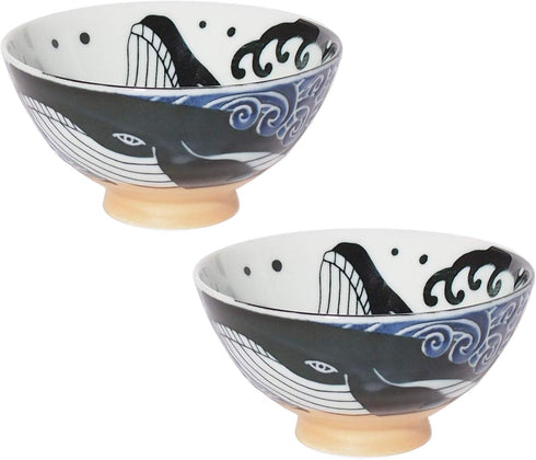 Minoru Touki White Wave Whale Blue Ceramic Rice Bowl Small Set of 2 ?4.4×H2.4in 11.29oz...
