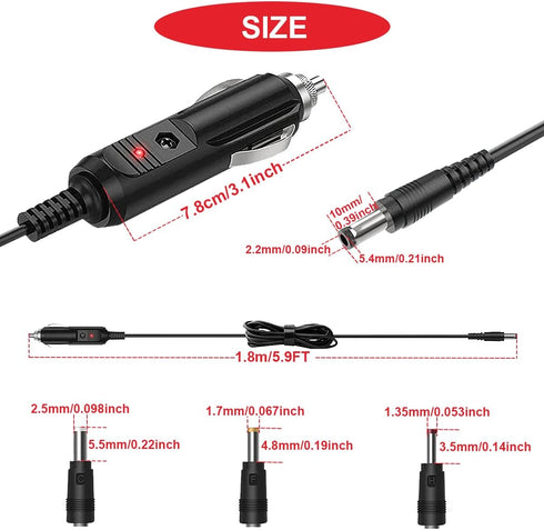3Pcs 12V Car Adapter Compatible Car Charger with 10A fuse,5.9FT 24AWG Extension Cable,connectors for Snailax Back Massage Cushion,Sylvania,RCA DVD...