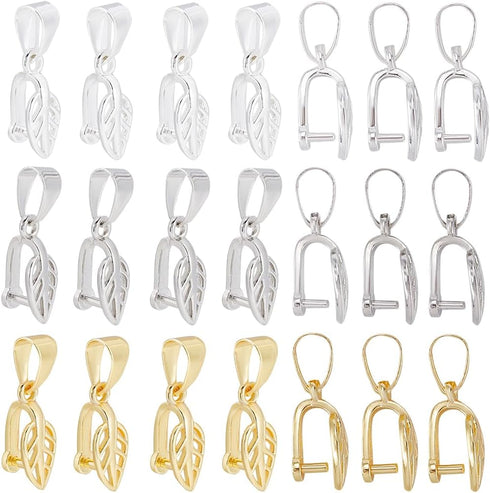 1 Box 30Pcs Jewelry Pinch Bails Snap Bail Hook Pinch Clip Hollow Leaf Curved Clasp Brass Bead Pendant Connector Clips for Jewelry Making Clasps Su...