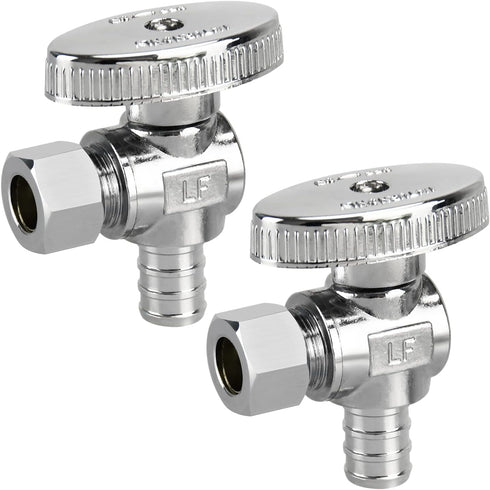 2 Pack Stop Valves, 1/4 Turn Angle Stop Valves, 3/8" OD Compression × 1/2" PEX Chrome Plated Brass for Faucet, Toilet Valves (2×Angle)...