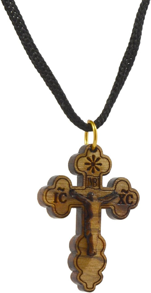 AUTHENTIC Bethlehem Olive Wood Eastern Cross Pendant in Natural Cotton Pouch with Christogram - Cross for Men & Women...