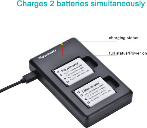 Newmowa NP-45 NP-45S Replacment Battery (2 Pack) and Dual USB Charger Kit for Fujifilm INSTAX Mini 90 and FinePix XP50 XP60 XP70 XP80 XP90 XP120 X...