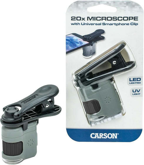 Carson MicroMini 20x LED Lighted Pocket Microscope with Built-in LED and UV Flashlight and Universal Smartphone Digiscoping Adapter Clip (MM-380)...