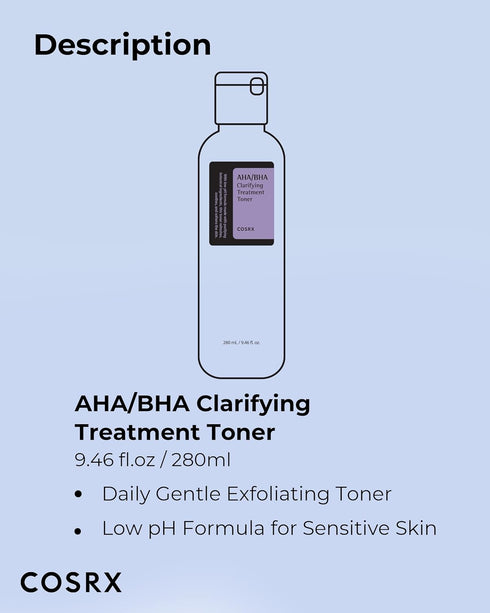 COSRX AHA/BHA Treatment Toner, Facial Exfoliating Spray for Whiteheads, Pores, and Uneven Skin, 9.46 fl.oz/ 280ml, Not Tested on Animals, No Parab...