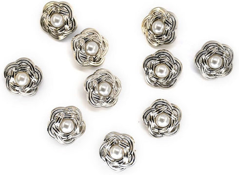 20 pcs Faux Pearl Core Silver Electroplated Openwork Metal Weaving Flower Sewing Shank Buttons - 20mm - 13/16"...