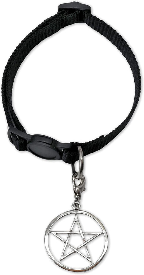 Black Cat Collar with Wiccan Pagan Pentacle Silver Finish On Safety Breakaway Collar Adjustable Neck Size 8 to 12 Inches...