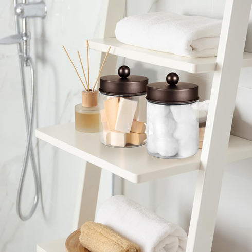3PC Farmhouse Decor Qtip Holder Apothecary Jars Bathroom Vanity Storage Organizer -Countertop Canister Plastic Container &Cute Stickers for Cotton...