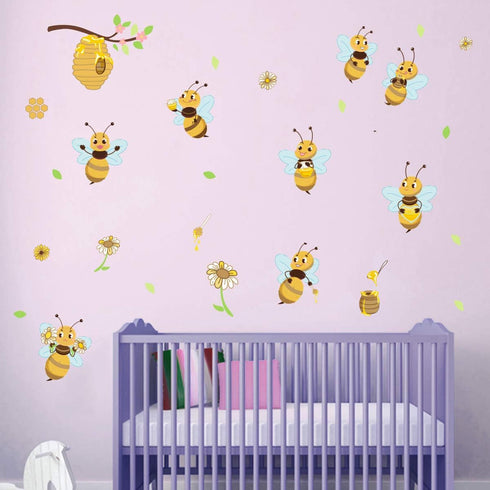 Yellow Bee Wall Stickers Flower Beehive Branch Wall Decals Art Decor for Kids Bedroom Nursery Playroom...