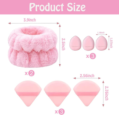 9PCS Spa Headband and Wristband Clean Set, Includes Makeup Sponges and Face Triangle Powder Puff Skincare Beauty Blender for Washing Face,Women Gi...